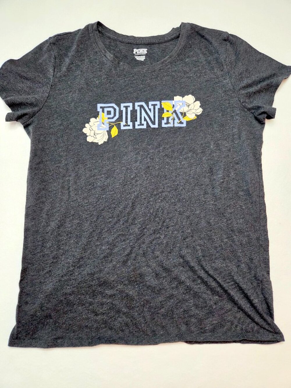 PINK Victoria's Secret Floral Logo Graphic T-Shirt Charcoal Gray Women's Size XL